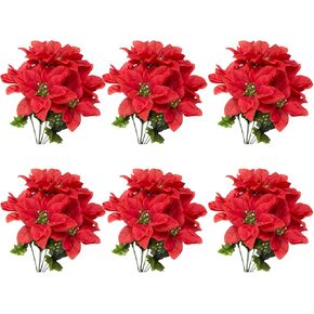 6Pcs Artificial Poinsettia Christmas Flower, Poinsettia Bouquet Golden Stamen Faux DIY Holiday Flower Arrangements for Indoor Outdoor Xmas Decor/2 Color