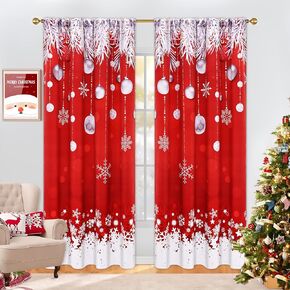 Yinhua Christmas Curtains 84 in Length 2 Panels Set, Blackout Curtains, Christmas Curtains for Living Room red with Hanging Silver Decorative Balls Room Darkening Curtains, Christmas Decor, 52×84 in