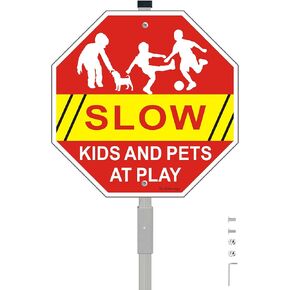 (2 Pack)"Slow - Kids And Pets At Play" Sign | 10" x 10" Aluminum Sign With 28" Stake,Reflective Aluminum,Fade Resistant And Weather Resistant.