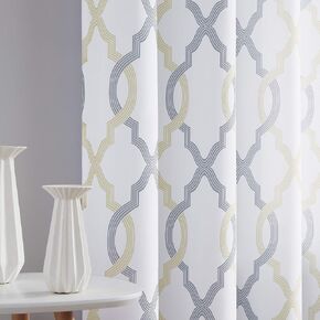 Semi Sheer Moroccan Tile Print Curtains, 84 Inches Long Yellow Grey Curtains Window Treatment for Living Room and Bedroom, Grommet Top Design Linen Textured Drapes,54x84, 2 Panels