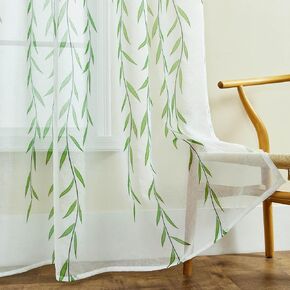 Leaf Pattern Curtain Sheers, 2 Panel Sheer White Curtains with Vine Design Print, Green Patterned on White Sheers Pretty Textured Voile Sheer Drapes for Bedroom,Living Room, Kitchen