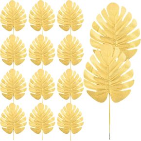 12PCS Artificial Gold Palm Leaves Decor, Golden Faux Tropical Monstera Leaves, Realistic Palm Leaves Decor for Hawaiian Banquet Jungle Beach Party Decoration