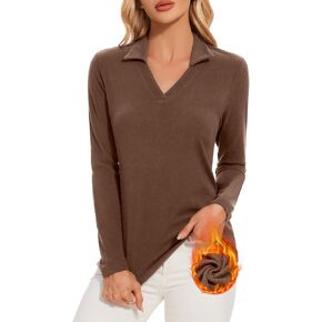 Soneven Women's Thermal Long Sleeve V Neck Polo Shirts Fleece Golf Shirts Ribbed Collared Tops Winter Warm Dressy Work Tops