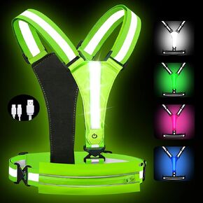 Upgrade LED Reflective Light Up Safety Running Vest, 4 Lights Colors High Visibility Adjustable Reflective Night Running Walking Vest Gear with Pouch, Running Lights for Runners Men Women