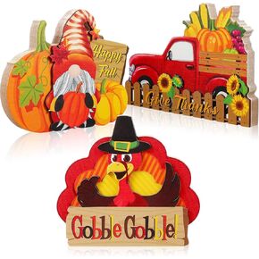 3 Pieces Thanksgiving Decorations Indoor Table Centerpiece for Home Wooden Signs Autumn Harvest Turkey Display for Thanksgiving Party Supplies