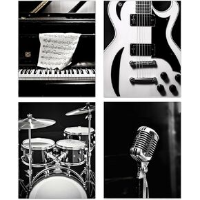 TOCDGOO Vintage Music Art Prints Music Wall Decor - Black and White Musical Instrument Wall Art - Retro Microphone Piano Guitar Canvas Poster for Music Room Bedroom Decor (Set of 4, 8"x10" Framed)