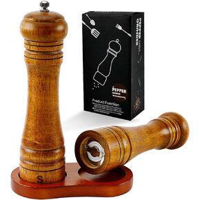 2 Pcs Wood Salt and Pepper Grinder Set with Wooden Standing Tray Adjustable Grinding Pepper Mill pepper Grinder Refillable Pepper Mill Sea Salt Shakers for Salt Peppercorn or Spice Mill