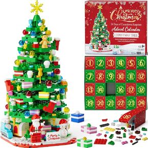 Advent Calendar 2024 for Kids Teens Adults, 24 Days Surprise Christmas Tree Building Blocks Christmas Countdown Calendar Gift Box with 1024 PCS Xmas Building Bricks Toy Decor for Boys Girls Women Men