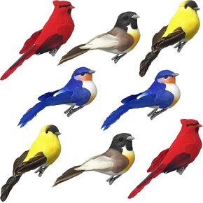 BANBERRY DESIGNS Song Bird Clip-On Ornaments - Set of 8 - Assorted Artificial Birds with Flocked Bodies, Feathered Wings & Tail - Cardinal Bluebird Robin Goldfinch Each is 4" L