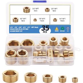 35Pcs Brass Pipe Plug Fitting Assortment Kit,1/8" 1/4" 3/8" 1/2" 3/4" NPT Male Internal Hex Thread Socket Pipe Plug Set,5 Sizes
