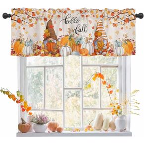Hello Fall Valance Curtains for Kitchen, Thanksgiving Gnome Window Curtain, Farm Autumn Harvest Maple Leaves Rod Pocket Window Treatment Short Topper Drapes for Bedroom Living Room Seasonal Decor