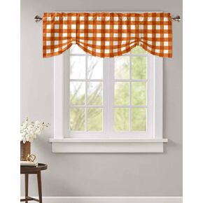 Fall Tie Up Valance Curtain for Kitchen,Orange White Buffalo Check Rod Pocket Short Curtains Adjustable Tie-Up Shade Valances,Autumn Plaid Gingham Window Treatment for Bathroom Living Room Bedroom