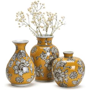 Two's Blossoming Set of 3 Yellow Chinioserie Vase - Hand-Painted Porcelain
