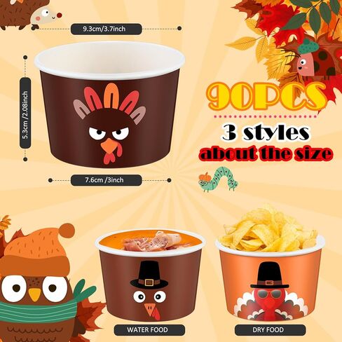 Yaomiao 90 Pcs 9 oz Fall Thanksgiving Treat Snack Cups Turkey Candy Bowl Snack Cups Disposable Bowls Ice Cream Bowls Paper Pumpkin Cups Fall Party Supplies Bowls Food Tasting Cups for Party Supplies in Kuwait