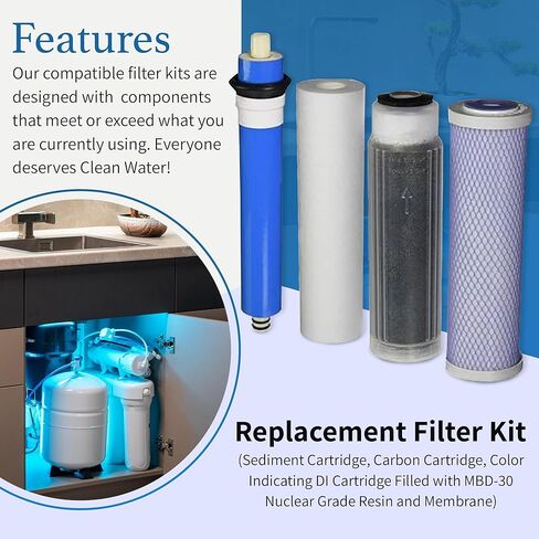 Reverse Osmosis Deionization (RODI) 10" Replacement Filter Kit (Sediment Cartridge, Carbon Cartridge, Color Indicating DI Cartridge Filled with MBD-30 Nuclear Grade Resin and 50 GPD Membrane) by CFS in Kuwait