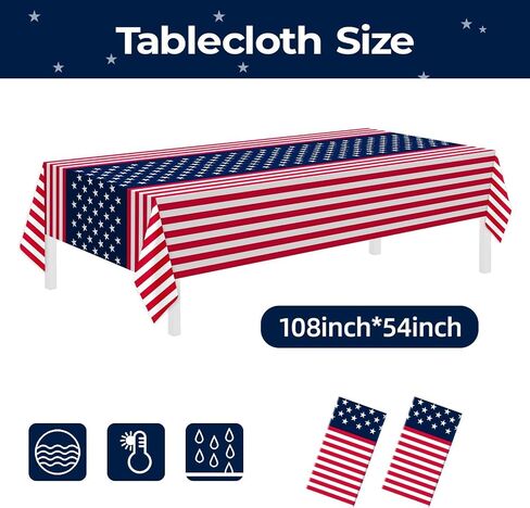 Childom 2 Pack Patriotic Tablecloth,Disposable Plastic Tablecloth 54" x 108" Patriotic Decorations Birthday Party Supplies for Camping,Memorial,Veterans in Kuwait