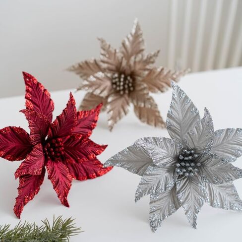 6Pcs Artificial Christmas Poinsettias Decoration 9.8" Glitter Flower Christmas Tree Ornaments Wreath Garland Flower with Stem for Festival Xmas Wedding Party Home Supplies (Brown) in Kuwait