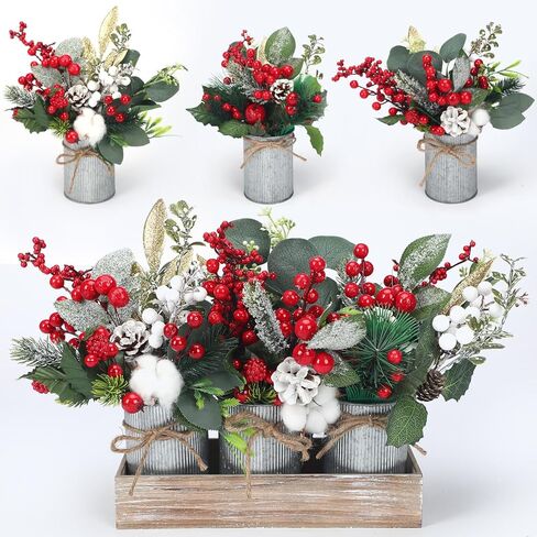 Leinuosen Christmas Centerpiece Arrangement 3 Farmhouse Christmas Floral Arrangement Assorted Artificial Christmas Picks in Rustic Galvanized Pots with Wood Box for Christmas Centerpiece Table Decor in Saudi Arabia