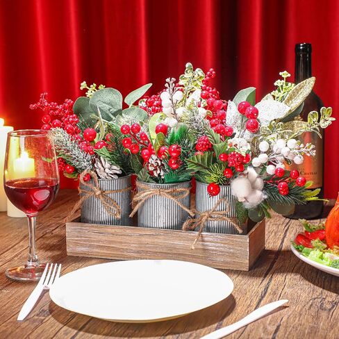 Leinuosen Christmas Centerpiece Arrangement 3 Farmhouse Christmas Floral Arrangement Assorted Artificial Christmas Picks in Rustic Galvanized Pots with Wood Box for Christmas Centerpiece Table Decor in Saudi Arabia