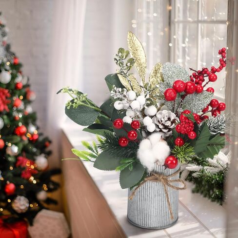 Leinuosen Christmas Centerpiece Arrangement 3 Farmhouse Christmas Floral Arrangement Assorted Artificial Christmas Picks in Rustic Galvanized Pots with Wood Box for Christmas Centerpiece Table Decor in Saudi Arabia