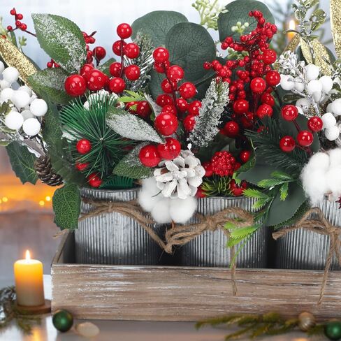 Leinuosen Christmas Centerpiece Arrangement 3 Farmhouse Christmas Floral Arrangement Assorted Artificial Christmas Picks in Rustic Galvanized Pots with Wood Box for Christmas Centerpiece Table Decor in Saudi Arabia