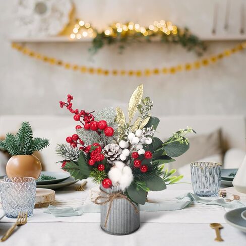 Leinuosen Christmas Centerpiece Arrangement 3 Farmhouse Christmas Floral Arrangement Assorted Artificial Christmas Picks in Rustic Galvanized Pots with Wood Box for Christmas Centerpiece Table Decor in Saudi Arabia