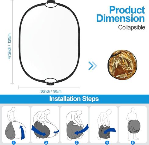 WELLMAKING 24'' x 36'' (60 x 90cm) Photography Reflector 5-in-1 Collapsible Light Reflector with Bag & tilt Adapter, Portable Light Reflector Photography Panel for Studio Video & Outdoor Lighting in Saudi Arabia