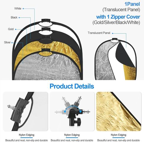 WELLMAKING 24'' x 36'' (60 x 90cm) Photography Reflector 5-in-1 Collapsible Light Reflector with Bag & tilt Adapter, Portable Light Reflector Photography Panel for Studio Video & Outdoor Lighting in Saudi Arabia
