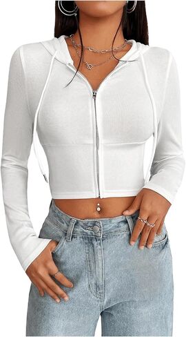 SOLY HUX Women's Zip Up Drawstring Crop Hoodies Long Sleeve Slim Fitted Casual Sweatshirts Cropped Tops in Saudi Arabia