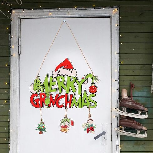 Christmas Wreath, Merry Christmas Wreath for Front Door, Green Monster Christmas Decorations Wooden Door Signs Home Decor for Front Porch Window Wall Farmhouse Indoor Outdoor in Saudi Arabia