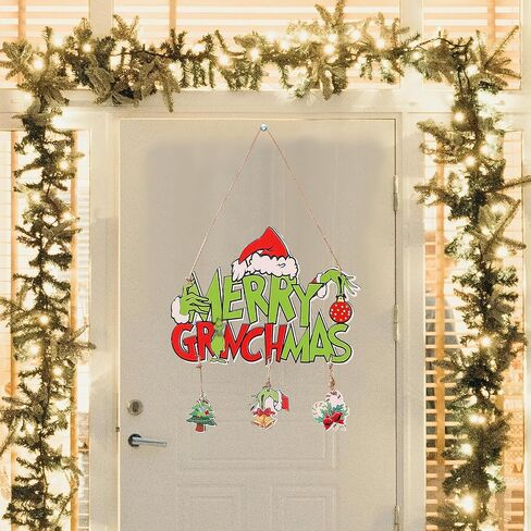 Christmas Wreath, Merry Christmas Wreath for Front Door, Green Monster Christmas Decorations Wooden Door Signs Home Decor for Front Porch Window Wall Farmhouse Indoor Outdoor in Saudi Arabia
