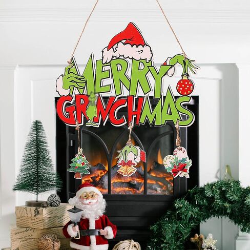 Christmas Wreath, Merry Christmas Wreath for Front Door, Green Monster Christmas Decorations Wooden Door Signs Home Decor for Front Porch Window Wall Farmhouse Indoor Outdoor in Saudi Arabia