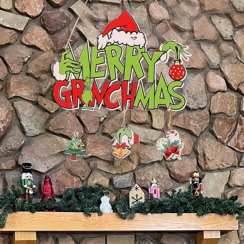 Christmas Wreath, Merry Christmas Wreath for Front Door, Green Monster Christmas Decorations Wooden Door Signs Home Decor for Front Porch Window Wall Farmhouse Indoor Outdoor in Saudi Arabia