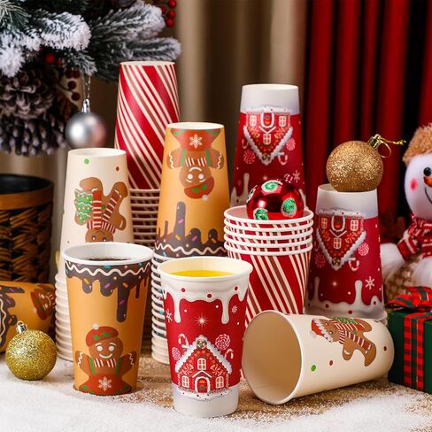 Gerrii 60 Pcs Christmas Paper Cups Xmas Disposable coffee Cups 16oz Christmas Cups for Drinking Tea Hot Cold Beverages, Elf Santa Snowman Gingerbread Cups Christmas Decoration(Gingerbread Man) in Saudi Arabia