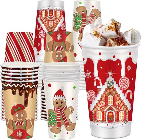 Gerrii 60 Pcs Christmas Paper Cups Xmas Disposable coffee Cups 16oz Christmas Cups for Drinking Tea Hot Cold Beverages, Elf Santa Snowman Gingerbread Cups Christmas Decoration(Gingerbread Man) in Saudi Arabia