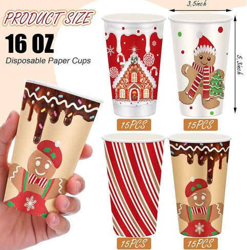 Gerrii 60 Pcs Christmas Paper Cups Xmas Disposable coffee Cups 16oz Christmas Cups for Drinking Tea Hot Cold Beverages, Elf Santa Snowman Gingerbread Cups Christmas Decoration(Gingerbread Man) in Saudi Arabia