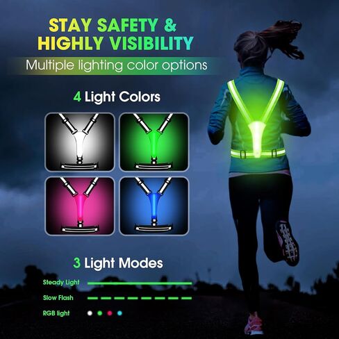 Upgrade LED Reflective Light Up Safety Running Vest, 4 Lights Colors High Visibility Adjustable Reflective Night Running Walking Vest Gear with Pouch, Running Lights for Runners Men Women in Saudi Arabia