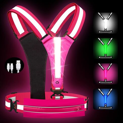 Upgrade LED Reflective Light Up Safety Running Vest, 4 Lights Colors High Visibility Adjustable Reflective Night Running Walking Vest Gear with Pouch, Running Lights for Runners Men Women in Saudi Arabia