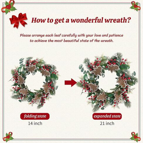 Christmas Wreaths for Front Door - 24Inch Holiday Wreath Outdoor Indoor with Artificial Red Berries and Norfolk Pine for Home, Office, Party, Wedding Decorations in Saudi Arabia