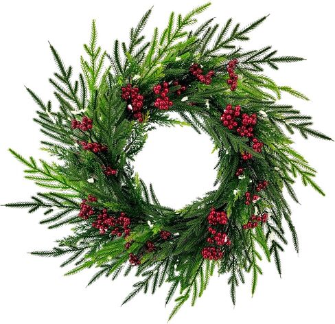اكاليل عيد الميلاد للباب الأمامي - اكليلا من الزهور عطلة 24 بوصة في الهواء الطلق في الأماكن المغلقة مع التوت الأحمر الاصطناعي والصنوبر نورفولك للمنزل والمكتب والحفلات وزينة الزفاف in Saudi Arabia