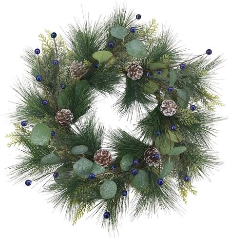 Christmas Wreaths for Front Door - 24Inch Holiday Wreath Outdoor Indoor with Artificial Red Berries and Norfolk Pine for Home, Office, Party, Wedding Decorations in Saudi Arabia
