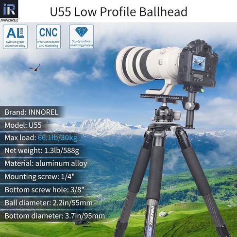 INNOREL 44mm Low Profile Camera Tripod Ball Head, CNC Metal Heavy Duty 360 Panoramic Tripod Head Compatible with Arca 1/4" Quick Release Plate for Tripod Monopod DSLR Camera Camcorder, 55lbs/25kg in Kuwait