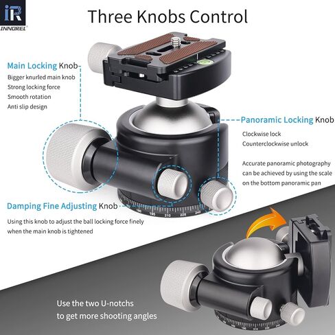 INNOREL 44mm Low Profile Camera Tripod Ball Head, CNC Metal Heavy Duty 360 Panoramic Tripod Head Compatible with Arca 1/4" Quick Release Plate for Tripod Monopod DSLR Camera Camcorder, 55lbs/25kg in Kuwait