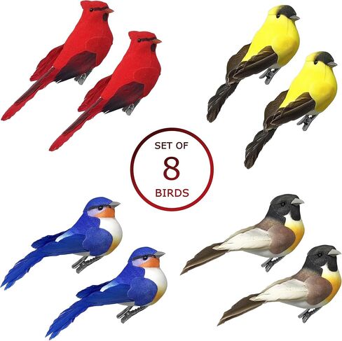 زخارف BANBERRY DESIGNS Song Bird Clip-On - مجموعة من 8 - طيور صناعية متنوعة ذات أجسام متجمعة وأجنحة ريش وذيل - كاردينال بلوبيرد روبن جولدفينش كل منها بطول 10.16 سم طول in Kuwait