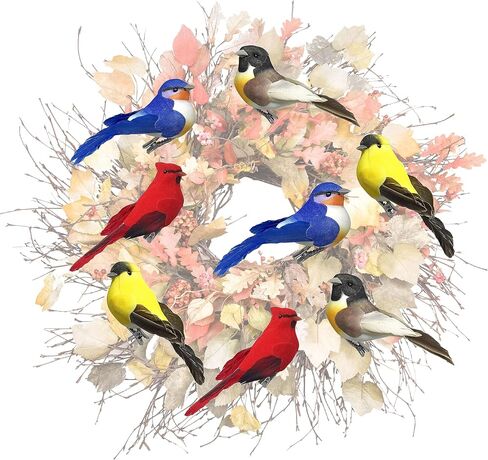 زخارف BANBERRY DESIGNS Song Bird Clip-On - مجموعة من 8 - طيور صناعية متنوعة ذات أجسام متجمعة وأجنحة ريش وذيل - كاردينال بلوبيرد روبن جولدفينش كل منها بطول 10.16 سم طول in Kuwait