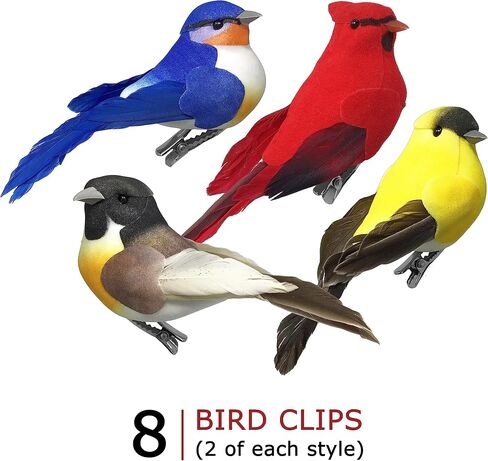 زخارف BANBERRY DESIGNS Song Bird Clip-On - مجموعة من 8 - طيور صناعية متنوعة ذات أجسام متجمعة وأجنحة ريش وذيل - كاردينال بلوبيرد روبن جولدفينش كل منها بطول 10.16 سم طول in Kuwait