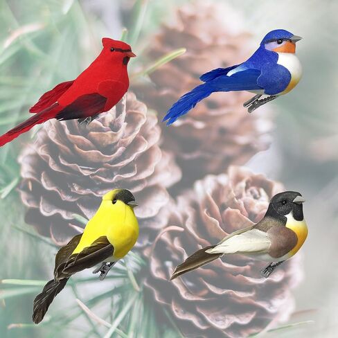 زخارف BANBERRY DESIGNS Song Bird Clip-On - مجموعة من 8 - طيور صناعية متنوعة ذات أجسام متجمعة وأجنحة ريش وذيل - كاردينال بلوبيرد روبن جولدفينش كل منها بطول 10.16 سم طول in Kuwait