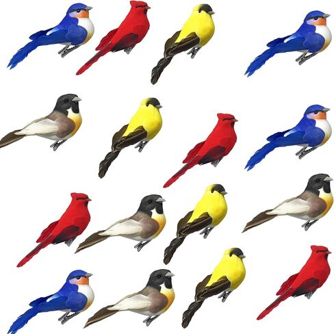 زخارف BANBERRY DESIGNS Song Bird Clip-On - مجموعة من 8 - طيور صناعية متنوعة ذات أجسام متجمعة وأجنحة ريش وذيل - كاردينال بلوبيرد روبن جولدفينش كل منها بطول 10.16 سم طول in Kuwait