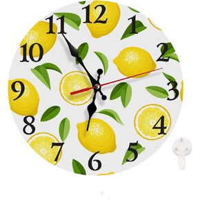 LOKMU Silent Non Ticking Clock 10 Inch,Round Wall Clock,Decorative for Living Room, Kitchen, Home,Bathroom, Bedroom, Office or School Yellow Lemons Pattern in Cartoon Style