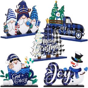 Huwena 5 Pcs Christmas Table Decorations Wooden Xmas Table Centerpiece Signs Joy Snowman Gnomes Table Signs Buffalo Plaid Christmas Decors for Winter Holiday Tiered Tray Table Top Decor(Light Blue)